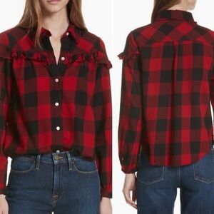 FRAME Ruffle Trim Buffalo Check Shirt, size S NWT